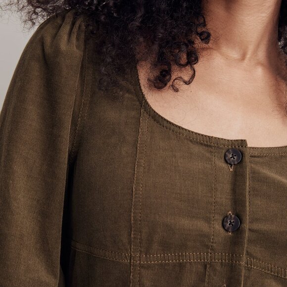 Madewell Olive Green Petite Corduroy Long-Sleeve Mini Dress, Size Petite 2 - Picture 4 of 11